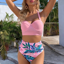 Load image into Gallery viewer, High Waist Bikini Leaf Print Swimsuit Women Push Up Swimwear Female Halter Bathing Suit Vintage Swimming Suit Women Vintage Underwire High Waist Swimsuit Two Pieces Halter Lace Up Adjustable Bikini Top