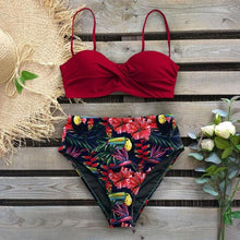 Load image into Gallery viewer, High Waist Bikini Set Women Bikini Flower Swimwear Women High Waist Bikini Halter Two Piece Bathing Suits Tummy Control Swimsuit Push Up Swimwear Vintage Halter Neck Swimsuit Female Green Bathing Suit