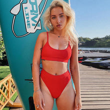 Load image into Gallery viewer, High Waist Bikini Swimsuits Women Push Up Swimwear Ribbed Bathing Suit Strap Bikinis Set Beachwear High Waist Bathing Suit Full Coverage Two Piece Swimsuit
