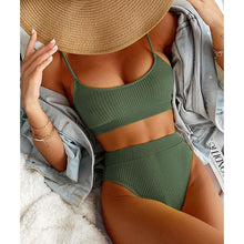 Load image into Gallery viewer, High Waist Bikinis Swimwear Women Push Up Swimsuits Solid High Waist Bikini Sets Sporty Two Pieces Swimsuit Scoop Neck Bathing Suits for Women Ribbed Bathing Suits High Cut Summer Beachwear