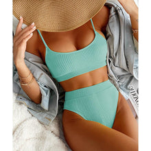 Load image into Gallery viewer, High Waist Bikinis Swimwear Women Push Up Swimsuits Solid High Waist Bikini Sets Sporty Two Pieces Swimsuit Scoop Neck Bathing Suits for Women Ribbed Bathing Suits High Cut Summer Beachwear