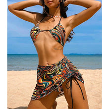 Load image into Gallery viewer, High Waist Mesh Skirt Swimsuit Triangle Micro Bikini Set 3-Piece High Cut Swimwear Women's Bikini Swimsuits With Wrap Skirt, 3 Pieces Strings High Cut Bikini Set Bathing Suits Women Vintage Print Bathing Suit