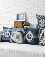 Load image into Gallery viewer, Home Decorative Pillows Mediterranean Pillow Cover Blue Anchor Navigation Compass Sailboat Pillowcase Decorative Cushion Cover For Home Cover Sea Blue Compass Marine Ship Linen Pillow Case Cushion Cover 45x45CM