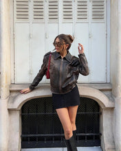 Load image into Gallery viewer, Vintage 90s Oversized Leather Bomber Jacket ,Distressed Black Real Leather Jacket, Parisian Street Style Women’s Outerwear.