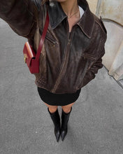 Load image into Gallery viewer, Vintage 90s Oversized Leather Bomber Jacket ,Distressed Black Real Leather Jacket, Parisian Street Style Women’s Outerwear.