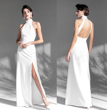 Load image into Gallery viewer, Elegant Haltered Hallowed Back Satin wedding dress thigh Split mini wedding dress