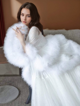 Load image into Gallery viewer, Luxury thick turkey feather fringe long bridal robe set with night gown