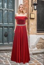 Load image into Gallery viewer, Off-shoulder Ruby Red A-line Japanese Soft Satin Prom Dress with Crystal Beaded Sash