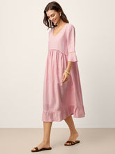 Load image into Gallery viewer, 100% Linen V-Neck Ruffle Hem Midi Dress with Crochet Trim MARTHA