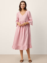 Load image into Gallery viewer, 100% Linen V-Neck Ruffle Hem Midi Dress with Crochet Trim MARTHA