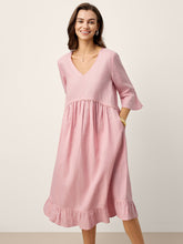 Load image into Gallery viewer, 100% Linen V-Neck Ruffle Hem Midi Dress with Crochet Trim MARTHA