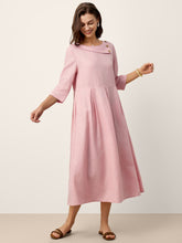 Load image into Gallery viewer, 100% Linen Crescent Neck Decorative Button Waist Pleated Maxi Dress GWENYTH