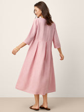 Load image into Gallery viewer, 100% Linen Crescent Neck Decorative Button Waist Pleated Maxi Dress GWENYTH