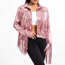 Load image into Gallery viewer, Sterlling Women's Tassel Sequin Jacket Autumn Winter Streewear Rock Stylish Long-sleeved Silver Reflective Jacket Women Outwear Tops