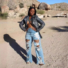 Load image into Gallery viewer, Jeans Women Long Pants Elegant Splice Denim Pant Slim Fit Sexy Hole High Waist Button Pocket Straight Trousers Summer 2024