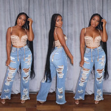 Load image into Gallery viewer, Jeans Women Long Pants Elegant Splice Denim Pant Slim Fit Sexy Hole High Waist Button Pocket Straight Trousers Summer 2024