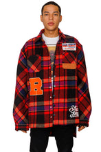 Load image into Gallery viewer, AUREOLIN Men's graphic prints and patches red plaid pattern cotton heavy flannel elongated oversize snap button outer shirt.