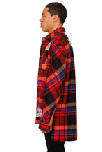 Load image into Gallery viewer, AUREOLIN Men's graphic prints and patches red plaid pattern cotton heavy flannel elongated oversize snap button outer shirt.