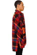 Load image into Gallery viewer, AUREOLIN Men's graphic prints and patches red plaid pattern cotton heavy flannel elongated oversize snap button outer shirt.