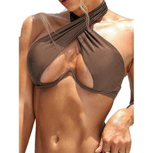 Load image into Gallery viewer, Ladies Summer Solid Color Swimsuit Female Detachable Shoulder Strap Halter Bikini Women's Bikini Swimsuits One Piece Bathing Suits Tie Knot Cutout Swimwear with Crisscross Design