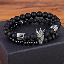 Load image into Gallery viewer, Lava Stone Combination Cubic Zircon Beads Bracelet Natural Red Tiger Eye Black Matte Onyx Stone Crown King Beads Bracelet For Men Women Fashion Charm Zircon Head Elastic Adjustable Bracelet Set Luxury Design