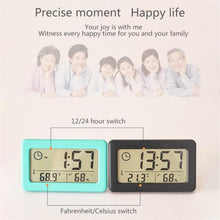 Load image into Gallery viewer, LED Digital Clock Digital Alarm Clock Battery Operated Small Desk Clocks with Smart Night Light Date Indoor Temperature LCD Electronic Clock for Bedroom Electronic Digital Screen Desktop Clock for Home Office Backlight Snooze Desk Clocks