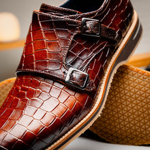 Load image into Gallery viewer, 55-112-CGN LEGERRA Hand Burnished Crocodile Print Monkstrap Cognac