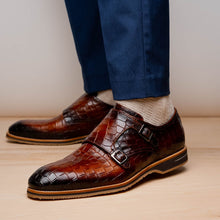 Load image into Gallery viewer, 55-112-CGN LEGERRA Hand Burnished Crocodile Print Monkstrap Cognac