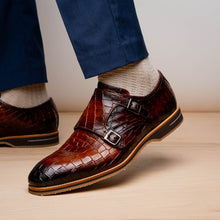 Load image into Gallery viewer, 55-112-CGN LEGERRA Hand Burnished Crocodile Print Monkstrap Cognac