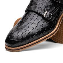 Load image into Gallery viewer, 55-112-BLK LEGERRA Hand Burnished Crocodile Print Monkstrap Black