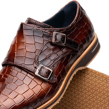 Load image into Gallery viewer, 55-112-CGN LEGERRA Hand Burnished Crocodile Print Monkstrap Cognac