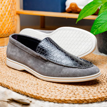 Load image into Gallery viewer, 11-603-GRY BENE Sueded Italian Goatskin & Crocodile Loafer Grey