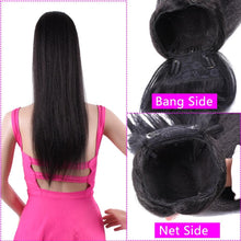 Load image into Gallery viewer, Long Kinky Straight Hair Ponytail With Bangs Fake Hair Bun And Bang Set Synthetic Pony Tail For Women Clip In Hair Extensions Synthetic Long Pony Tail Natural Black Comb In Ponytail Hair Pieces For Women
