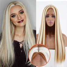 Load image into Gallery viewer, Long Straight Synthetic Black Wig Mixed Brown and Blonde Long Wig For Black Women Middle Part Nature Wigs For Black Women Cosplay Wigs For Women