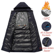 Load image into Gallery viewer, Long Winter Warm Thick Hooded Jacket Coat Windproof Thicken Hooded Coat Comfortable Jacket Men Autumn Outdoor Fashion Classic Windproof Multiple Pockets Men Light Jacket Coat