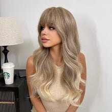 Load image into Gallery viewer, Long Womens Wigs with Bangs Ombre Brown Platinum Blonde Wigs Side Part Synthetic Wavy Wigs Women Cosplay Party Wigs For Black Women Cosplay Wigs For Women