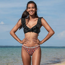 Load image into Gallery viewer, Low-waist Bikinis Set Swimwear Women Swimsuits Bathing Suit Orange Floral Ruffled Bikini Beachwear Bikini Swimsuits Ruffle Floral Two Piece Bathing Suits Printed Halter Neck Swimwear Beachwear