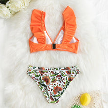 Load image into Gallery viewer, Low-waist Bikinis Set Swimwear Women Swimsuits Bathing Suit Orange Floral Ruffled Bikini Beachwear Bikini Swimsuits Ruffle Floral Two Piece Bathing Suits Printed Halter Neck Swimwear Beachwear