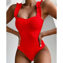 Load image into Gallery viewer, Luxury Black Female Swimsuit Vintage One Piece Ruffled Push Up Tummy Control Swimwear Halter One Piece Slimming Retro Swimsuit Women's Plus Size Push Up Bathing Suit Solid Red Swimwear Women Padded Bathing Suits
