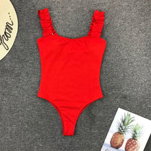 Load image into Gallery viewer, Luxury Black Female Swimsuit Vintage One Piece Ruffled Push Up Tummy Control Swimwear Halter One Piece Slimming Retro Swimsuit Women's Plus Size Push Up Bathing Suit Solid Red Swimwear Women Padded Bathing Suits