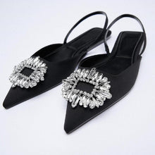 Load image into Gallery viewer, Luxury Black Straps Black Shoes For Women Shallow Summer Heels Beige Elastic Band Low Pointed Closed Flat Rhinestone Slip-on Shoes Flats Outdoor Walking Slippers