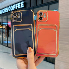 Load image into Gallery viewer, Luxury Gold Plating Phone Case With Card Slot For iphone 13 Pro 12 11 Pro MAX XS XR XS MAX Luxury Black Orange Phone Cover Back Case with Golden Frame Case for iPhone