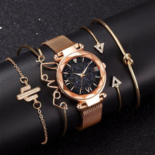 Load image into Gallery viewer, Luxury Rose Gold Starry Sky Dial Watches Women Crystal Bracelet Quartz Wrist Watch 5 PCS Set Women Ladies Watches Starry Sky Magnet Buckle Dial Diamond Cutting Mesh Straps Bracelet Wristwatch