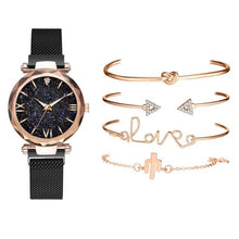 Load image into Gallery viewer, Luxury Rose Gold Starry Sky Dial Watches Women Crystal Bracelet Quartz Wrist Watch 5 PCS Set Women Ladies Watches Starry Sky Magnet Buckle Dial Diamond Cutting Mesh Straps Bracelet Wristwatch