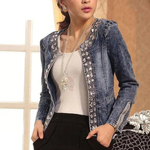 Load image into Gallery viewer, Luxury Spring Fashionable Women Denim Jacket Slim Zipper Casual Short Sequins Outerwear Ladies Vintage Crystal Biker