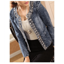Load image into Gallery viewer, Luxury Spring Fashionable Women Denim Jacket Slim Zipper Casual Short Sequins Outerwear Ladies Vintage Crystal Biker