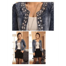 Load image into Gallery viewer, Luxury Spring Fashionable Women Denim Jacket Slim Zipper Casual Short Sequins Outerwear Ladies Vintage Crystal Biker