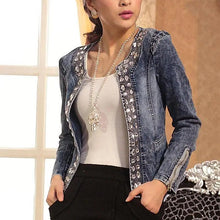 Load image into Gallery viewer, Luxury Spring Fashionable Women Denim Jacket Slim Zipper Casual Short Sequins Outerwear Ladies Vintage Crystal Biker