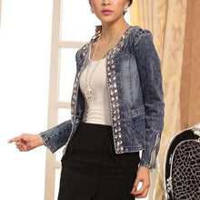 Load image into Gallery viewer, Luxury Spring Fashionable Women Denim Jacket Slim Zipper Casual Short Sequins Outerwear Ladies Vintage Crystal Biker