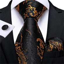 Load image into Gallery viewer, Luxury Wedding Party Floral Design Silk Necktie Hanky And Matching Cufflinks Set For Men Classic Design Necktie Set For Men